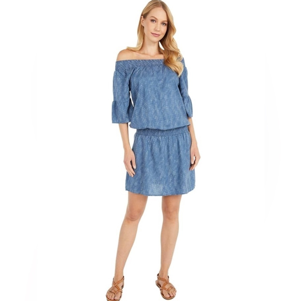 Prana Lenora Off Shoulder Dress In Blue Sprinkle Size Medium